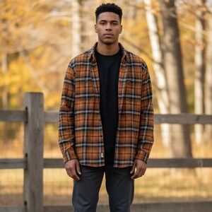 Volcom Men's Bronze and Navy Plaid Flannel Button Down Shirt NWT